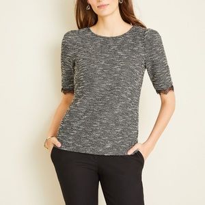 Ann Taylor Boucle Lace Trim Puff Sleeve Top